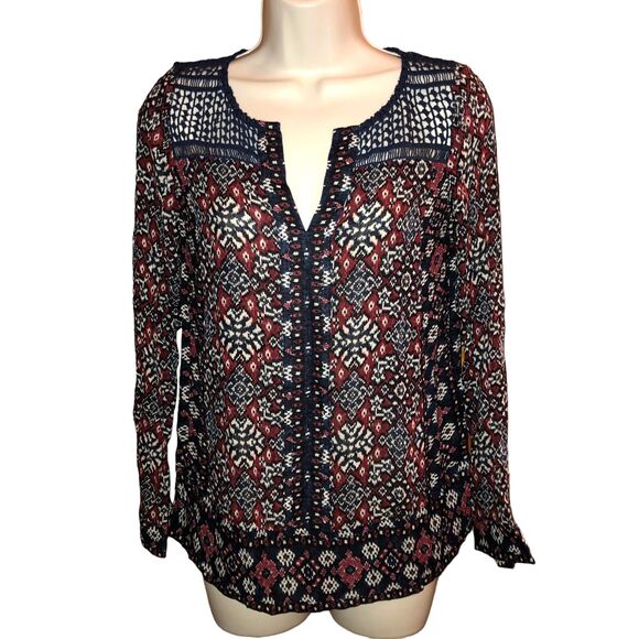LUCKY BRAND Womens Top BOHO Peasant Navy Crochet Long Sleeve Button Cuff XS - Picture 1 of 8